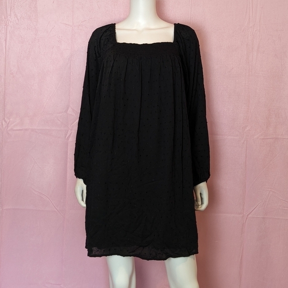 143 Story Black Swiss Dot Textured Square Neck Long Sleeve Mini Dress size Large - Picture 1 of 8
